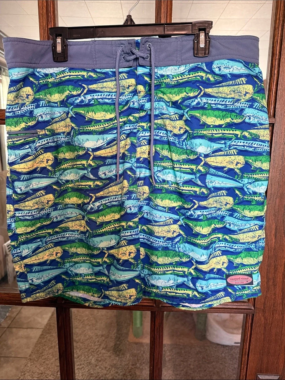 Vineyard Vines Mahi Mahi Fish Print Board Shorts Mens 38 Blue Green Swim Trunks